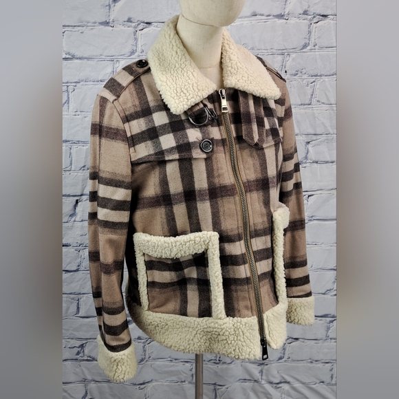 Burberry Brit Women's Wool Jacket Nova Check Faux Shearling Winter Bomber 12 US - Picture 2 of 16